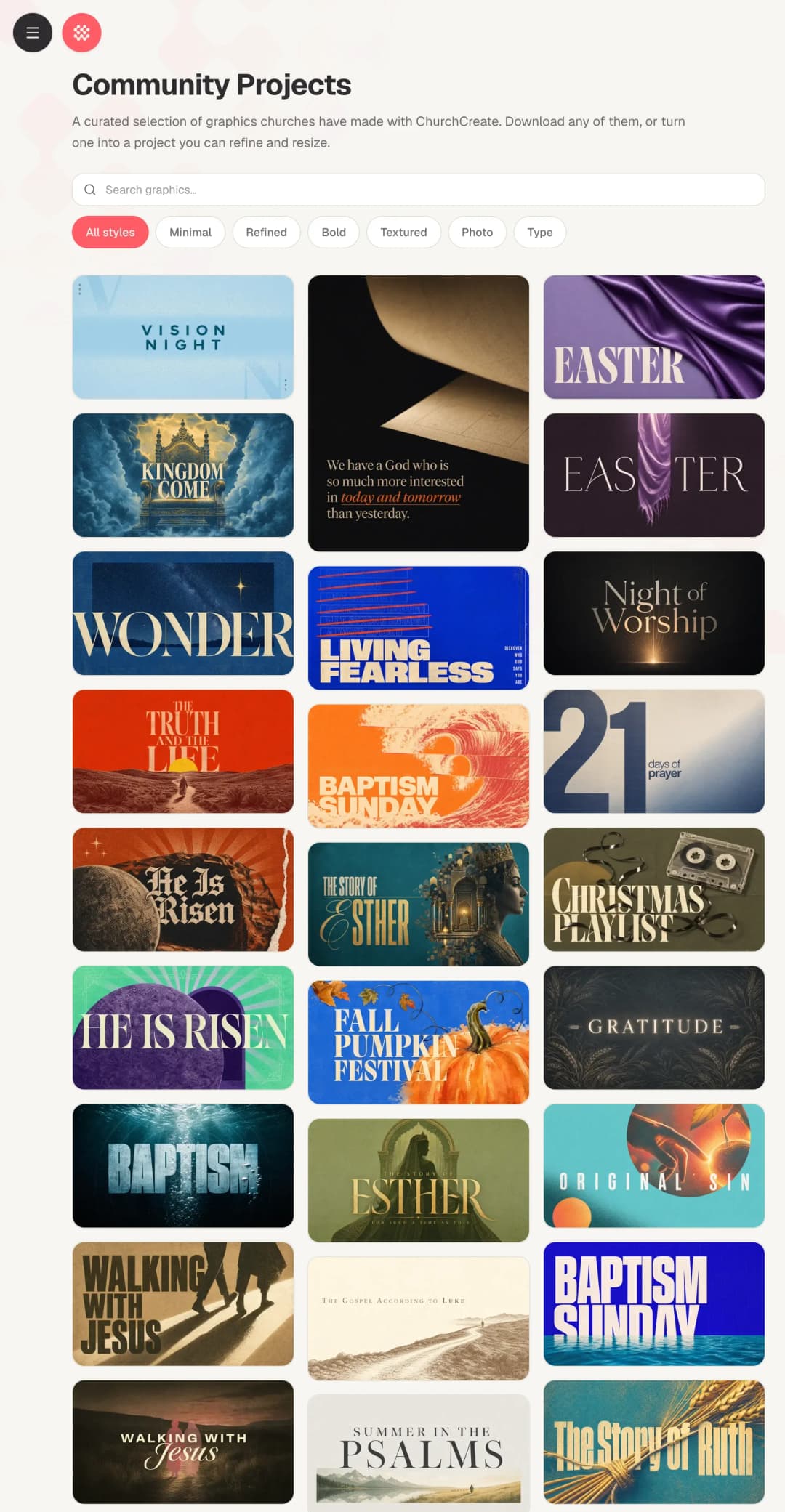 The community project library in ChurchCreate, a grid of shared graphics ready to become your next project